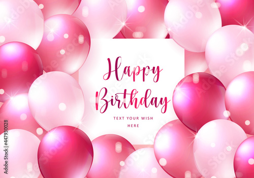 Elegant girlish red rose pink ballon Happy Birthday celebration card banner template background