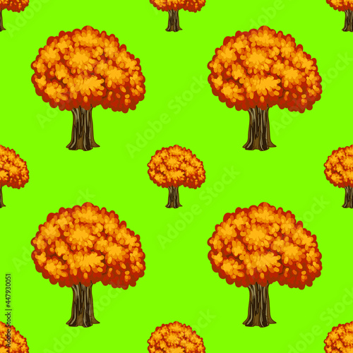 Autumn trees on a green background, texture for design, seamless pattern, vector illustration