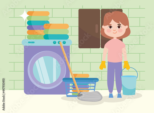 girl with mop and laundry