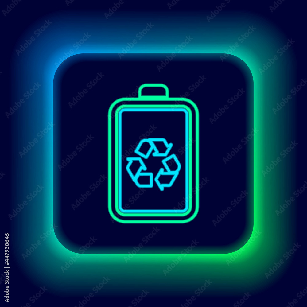 Glowing neon line Battery with recycle symbol line icon isolated on black background. Battery with recycling symbol - renewable energy concept. Colorful outline concept. Vector