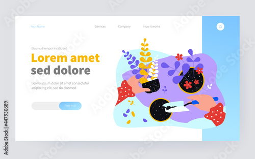 Woman replanting houseplants. Hands of person holding plant and shovel, digging up soil in pot. Vector illustration for florist job, home plants care, interior decoration concept