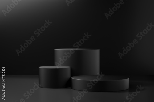 Cosmetic display product stand. Three black cylinder podium on dark background. 3D rendering illustration