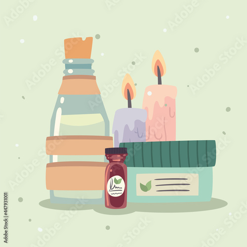 Spa center candles bottle and jars