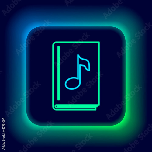 Glowing neon line Audio book icon isolated on black background. Musical note with book. Audio guide sign. Online learning concept. Colorful outline concept. Vector