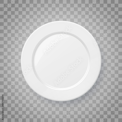 Classic White realistic food plate. Porcelain dishware. Dish for restaurant, empty kitchen utensil. Top view. 3d vector illustration on transparent background.