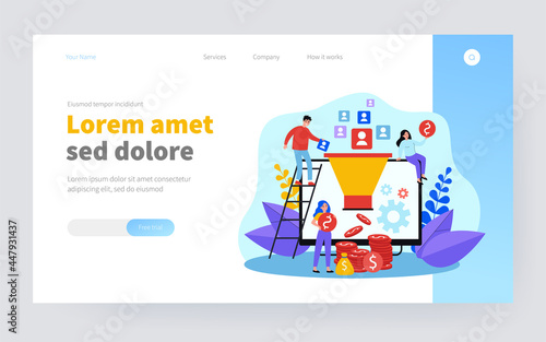 Bloggers generating new leads and getting money from inbound subscribers. Influencers funnel converting audience into income. Vector illustration for social media marketing, earning, blogging concept