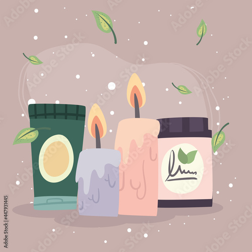 Spa center candles cream bottle and jar