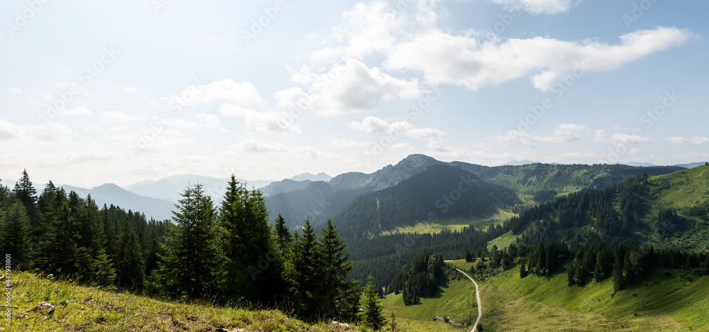 Panorama view of mountain landscape in the European Alps on a summer day with a road and hiking trail down in the valley.