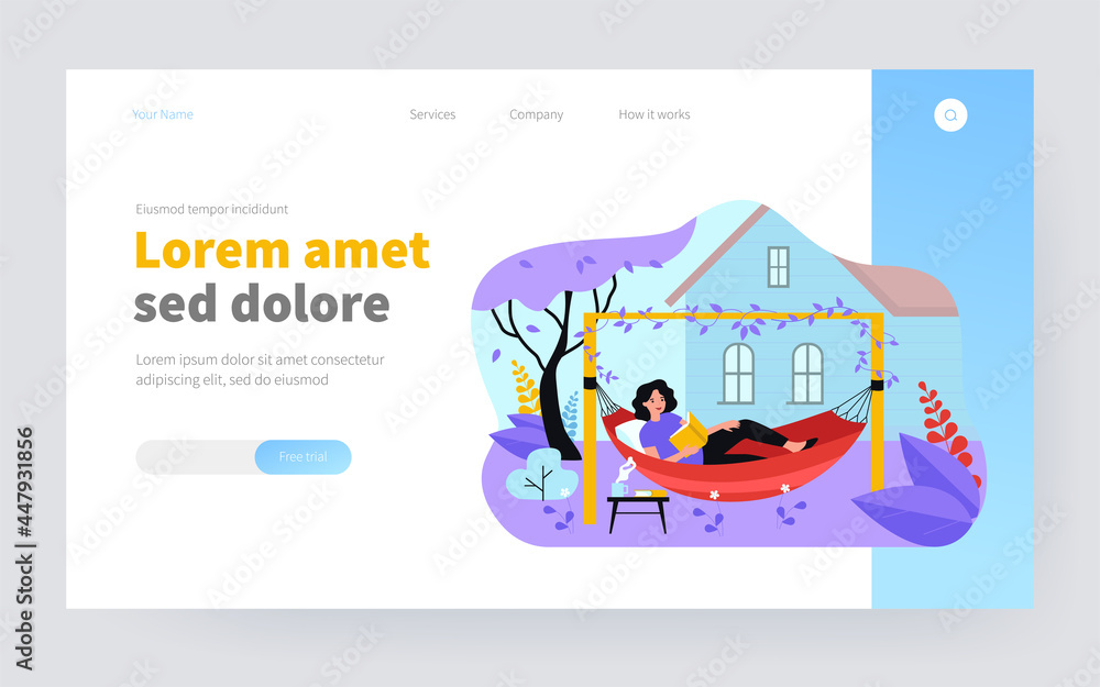 Happy girl relaxing in backyard, lying in hammock and reading book. Vector illustration for leisure, summer vacation, home garden concept Happy girl relaxing in backyard, lying in hammock and reading book. Vector illustration for leisure, summer vacation, home garden concept