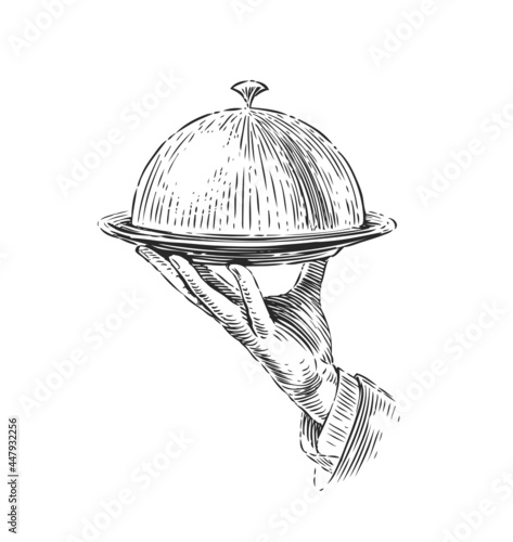 Hand holding tray with lid. Waiter serving food. Restaurant menu sketch vintage illustration
