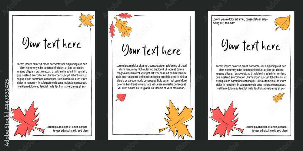 Autumn leaves doodle set. Vector frames. Trendy colorful hand drawn line style. 