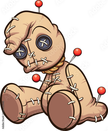 Sad sitting voodoo doll with pins. Vector clip art illustration with simple gradients. All on a single layer. 
 photo