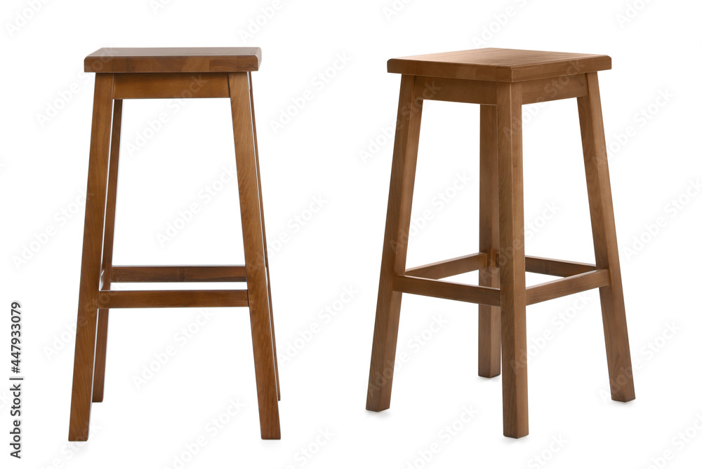 Stylish wooden bar stools on white background, collage Stylish wooden bar stools on white background, collage