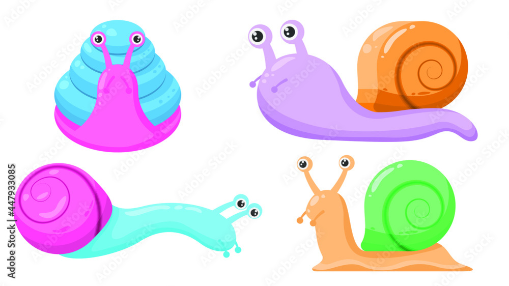 Set Abstract Collection Flat Cartoon 
Different Animal Snails With Shells Vector Design Style Elements Fauna Wildlife Gastropod Slug Crawls Clam