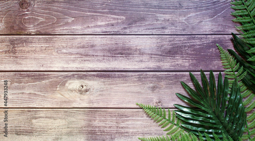 Horizontal plank background with decorative leaves in the right corner of the image, background texture. Horizontal plank background with decorative leaves in the right corner of the image, background texture.