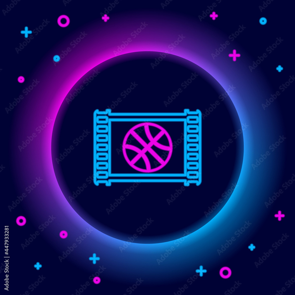 Glowing neon line Sports shop and basketball ball icon isolated on black background. Sport store. Colorful outline concept. Vector