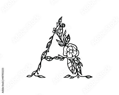 floral letter of A. beautiful floral alphabet on white background. typeface element vector illustration in black color.