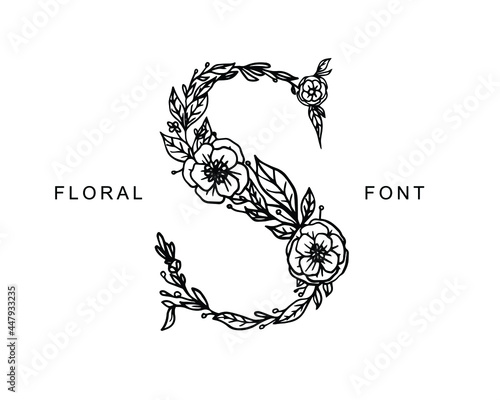 floral letter of S. beautiful floral alphabet on white background. typeface element vector illustration in black color.