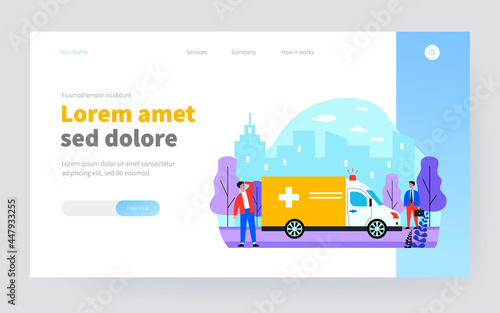 Ambulance car moving on street with loud siren. Pedestrians, van, accident flat vector illustration. Emergency, medical transport concept for banner, website design or landing web page