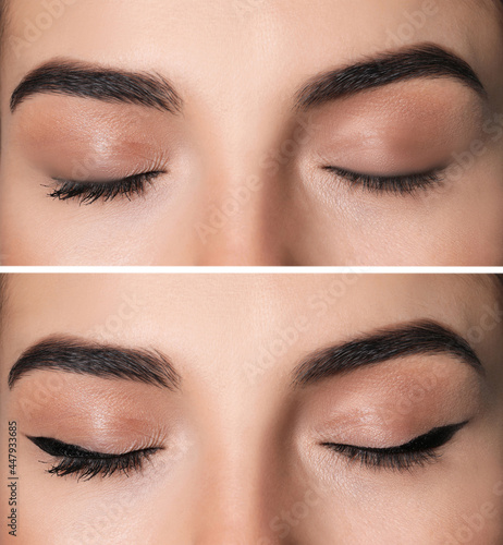 Collage with photos of woman before and after applying eyeliner, closeup view