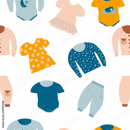 Seamless pattern of baby clothes for toddlers and children. Vector illustration