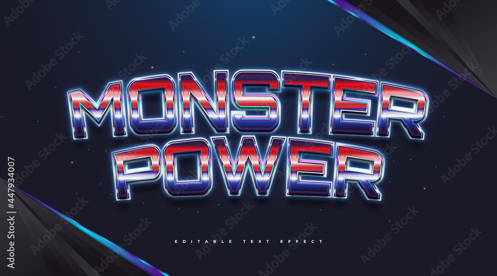 Monster Power Text in Colorful Retro Style with Glowing Effect. Editable Text Style Effect