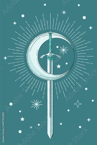 medieval blue colored sword with bold border in cartoon style with moon