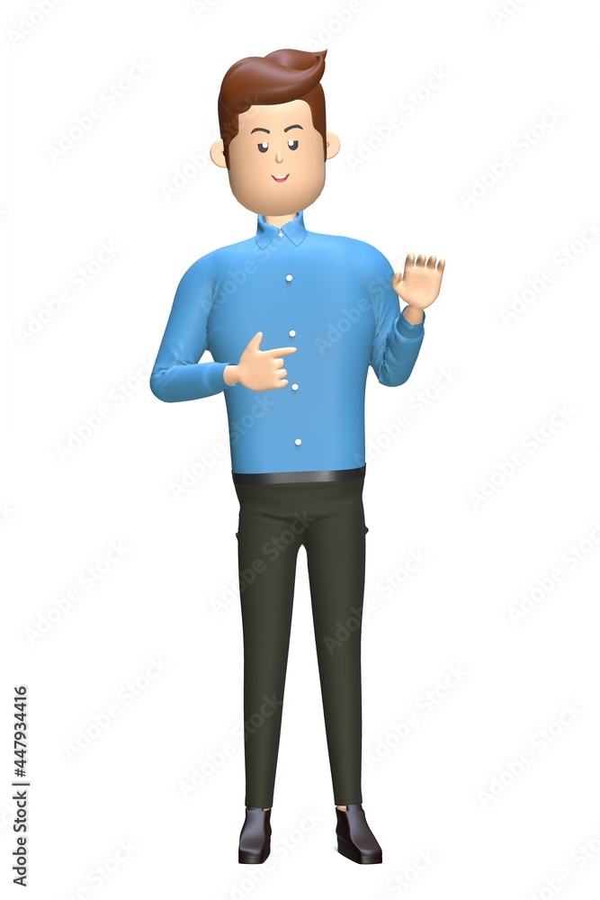 Cartoon businessman stands and shows something on a white isolated background. 3d illustration Cartoon businessman stands and shows something on a white isolated background. 3d illustration