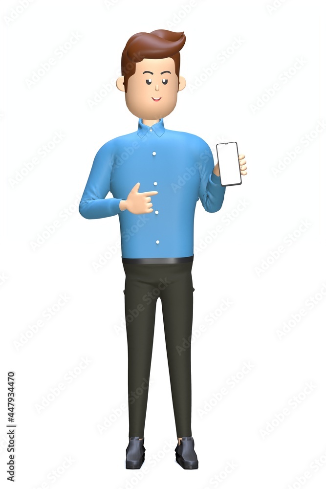 cartoon businessman show smartphone. pointing to white blank screen with finger. Mobile app recommendation. 3d illustration 