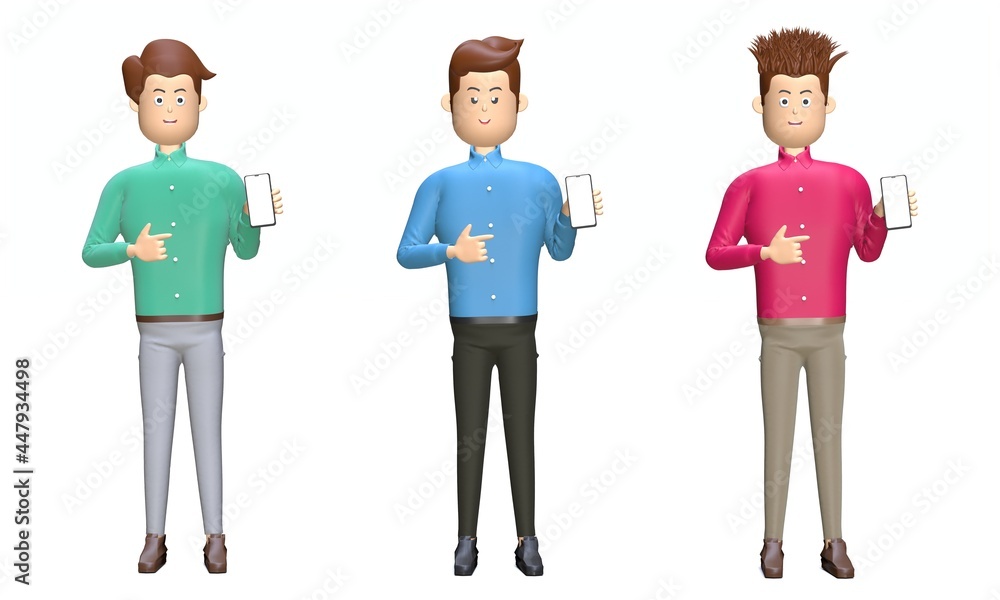 Set of cartoon businessman show smartphone. pointing to white blank screen with finger. Mobile app recommendation. 3d illustration 