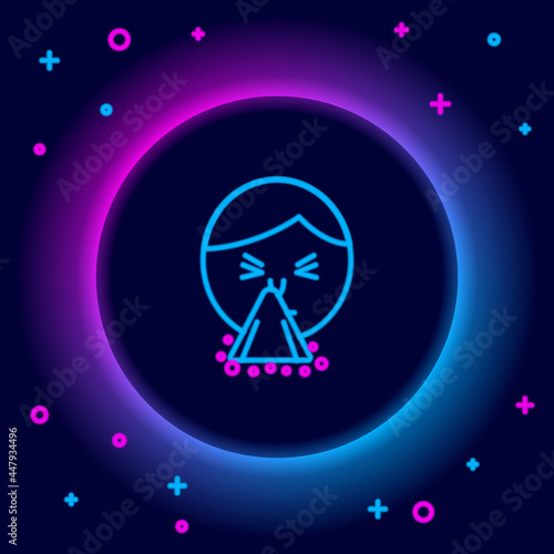 Glowing neon line Man holding handkerchief or napkin to his runny nose icon isolated on black background. Coryza desease symptoms. Colorful outline concept. Vector