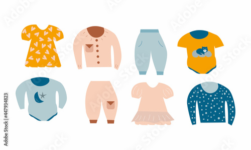 A set of different stylish clothes for babies and children. Vector illustration