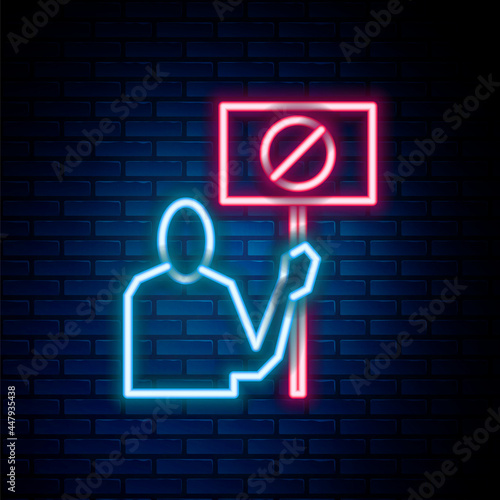 Glowing neon line Nature saving protest icon isolated on brick wall background. Earth planet protection, environmental issues demonstration. Colorful outline concept. Vector