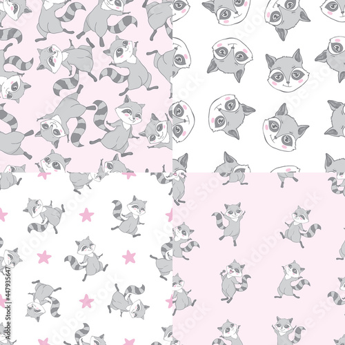 Set of Cute Super Raccoons Seamless Patterns and Poster. Childish Background with Little raccoon Heads.