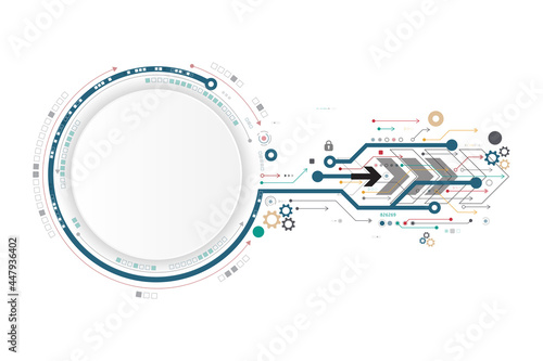 Vector circuit with cogwheel and communication concept on white background for technology background