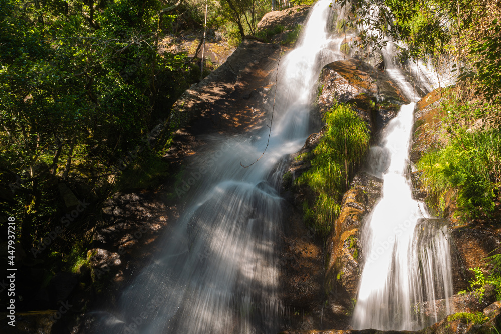 Obraz premium Beautiful water stream in Filveda waterfall, Sever do Vouga, Portugal. Long exposure smooth effect. Idyllic green scenery, mountain forest landscape.
