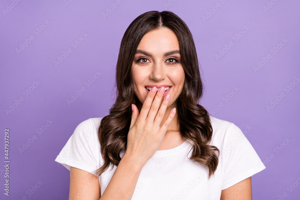Photo of funny brunette millennial lady laugh wear white t-shirt isolated on violet color background Photo of funny brunette millennial lady laugh wear white t-shirt isolated on violet color background
