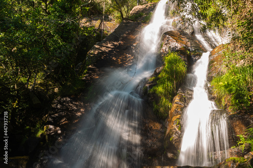Beautiful water stream in Filveda waterfall, Sever do Vouga, Portugal. Long exposure smooth effect. Idyllic green scenery, mountain forest landscape.
