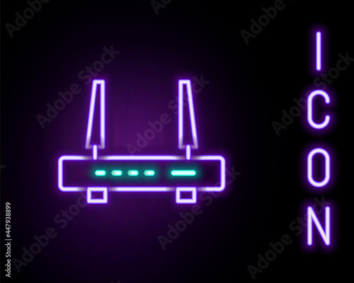 Glowing neon line Router and wi-fi signal icon isolated on black background. Wireless ethernet modem router. Computer technology internet. Colorful outline concept. Vector