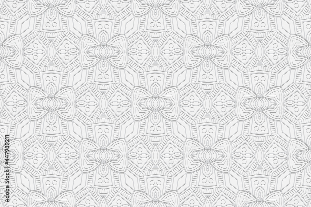3D volumetric convex embossed geometric white background. Spectacular pattern in a unique doodling technique. Ethnic oriental, Asian, Indonesian motives with handmade elements for design.