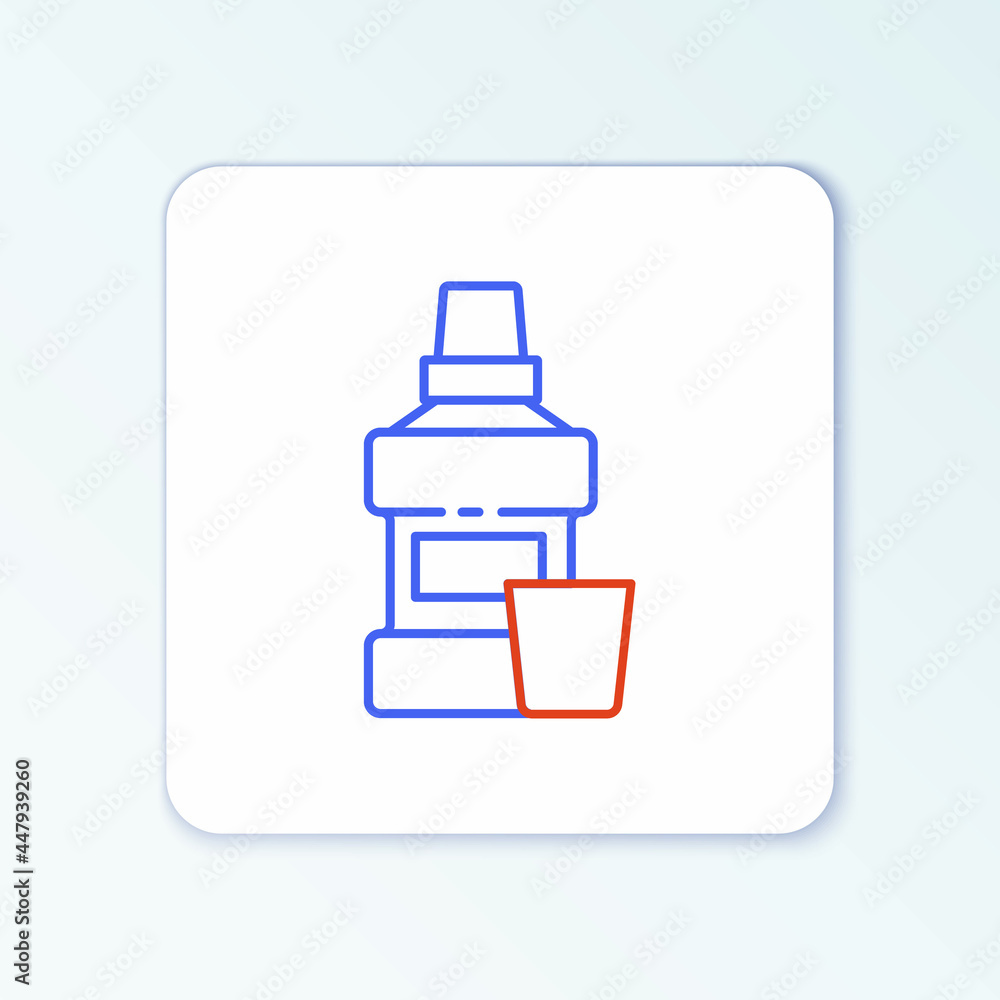 Line Mouthwash plastic bottle and glass icon isolated on white background. Liquid for rinsing mouth. Oralcare equipment. Colorful outline concept. Vector Line Mouthwash plastic bottle and glass icon isolated on white background. Liquid for rinsing mouth. Oralcare equipment. Colorful outline concept. Vector