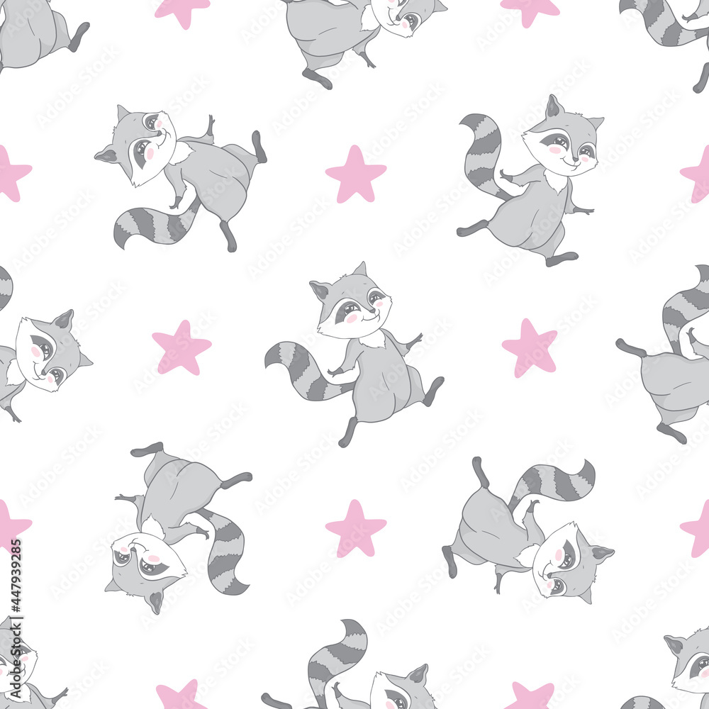 Seamless pattern with cute baby raccoons. Seamless pattern with cute baby raccoons.