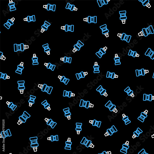 Line Mouthwash plastic bottle and glass icon isolated seamless pattern on black background. Liquid for rinsing mouth. Oralcare equipment. Vector
