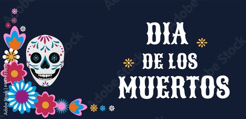 Dia de los Muertos greeting card with smiling skull and mexican flowers. Day of the dead design template in flat style. Vector illustration. Mexican holiday background, banner, poster, invitation etc