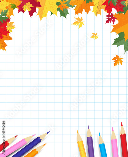 Back to school notebook background with colorful maple leaves and pencils. Modern autumn background for sale, card, poster, back to school. Flat style vector illustration. Educational background