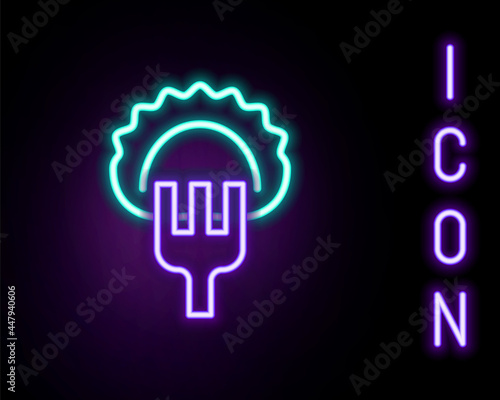 Glowing neon line Dumplings on fork icon isolated on black background. Pierogi, varenyky, pelmeni, ravioli. Traditional Ukrainian food. Colorful outline concept. Vector