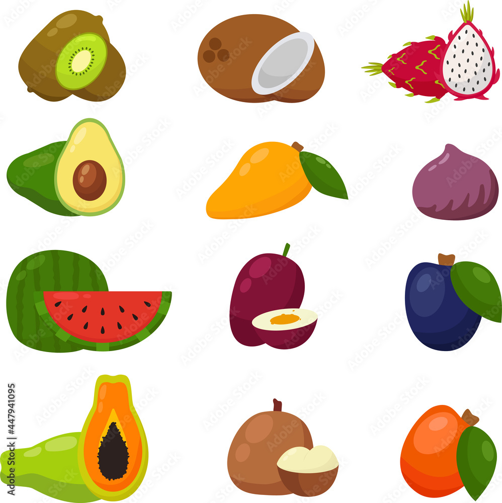 Set of colorful exotic fruits on white background