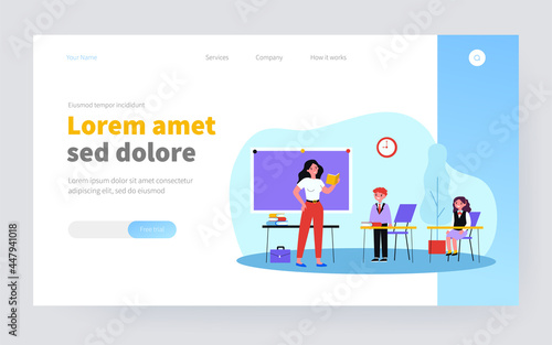 Teacher asking pupil in class. Lesson, kids in uniform, classroom flat vector illustration. Back to school, education, teaching concept for banner, website design or landing web page
