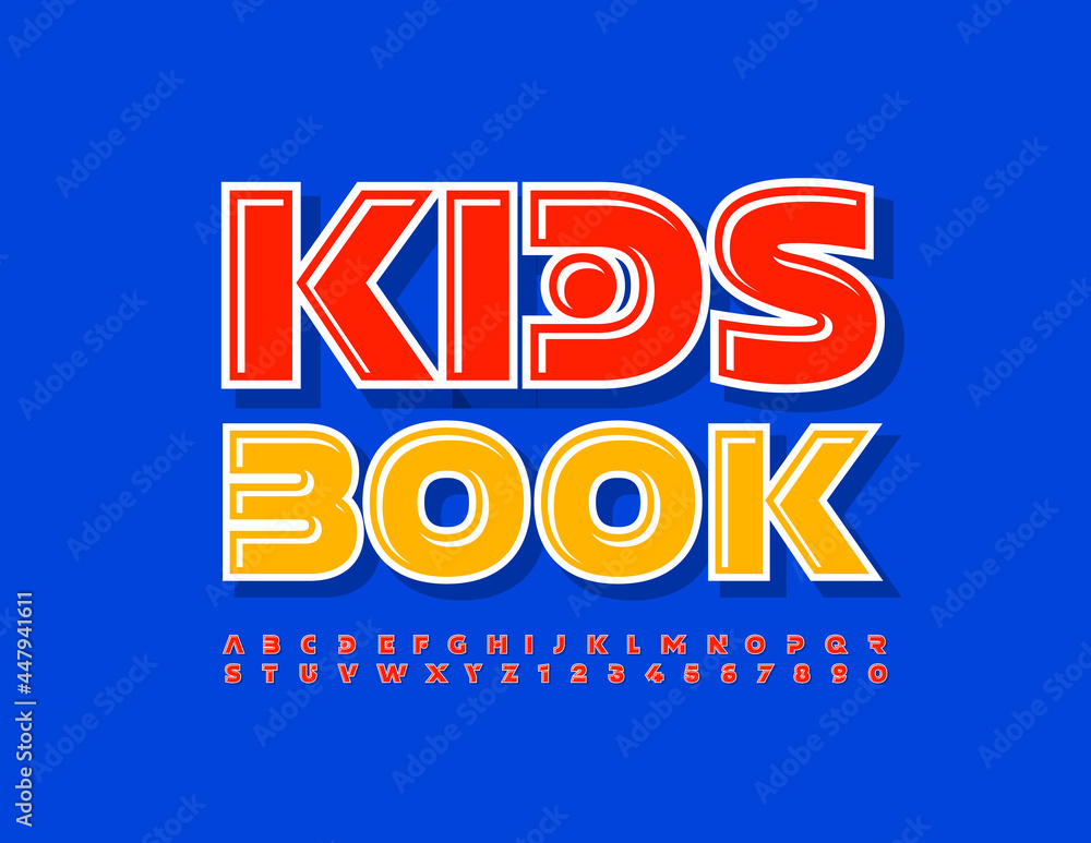 Vector creative emblem Kids Book. Abstract Red Alphabet Letters and Numbers set. Funny bright Font