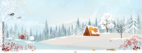 Winter wonderland landscape card with silhouettes of misty pine trees in forest with wooden barn,Vector illustration banner of peaceful natural in minimalist style for Christmas,New Year background